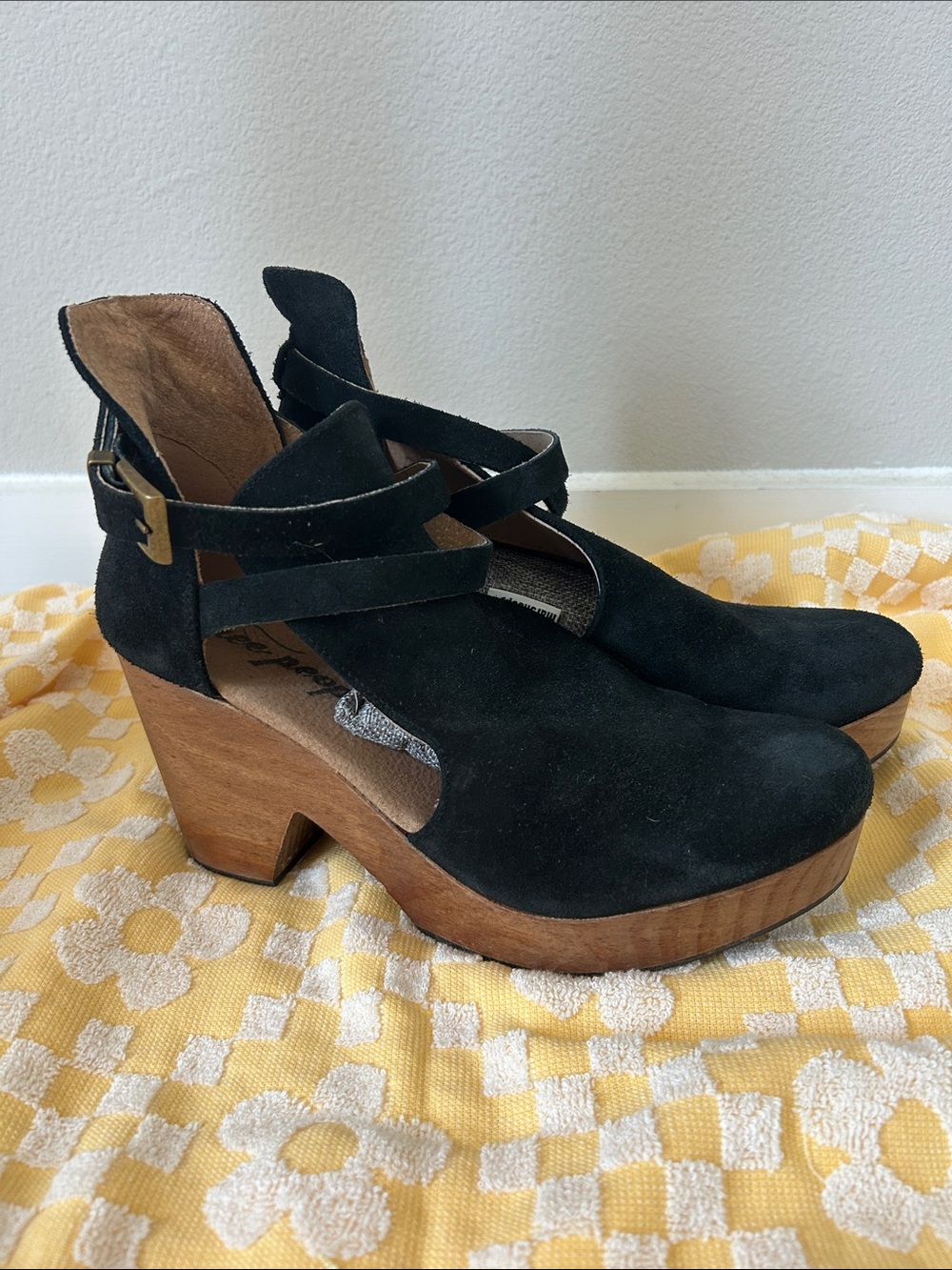 Free People Black Suede Platform Clogs with Wood-Look Heel